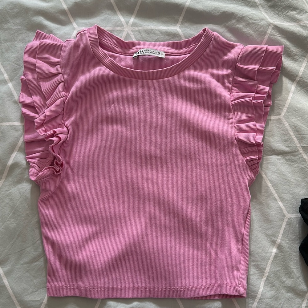 Zara Womens Medium White Solid Short Sleeve Ruffle Ribbed Cropped Top